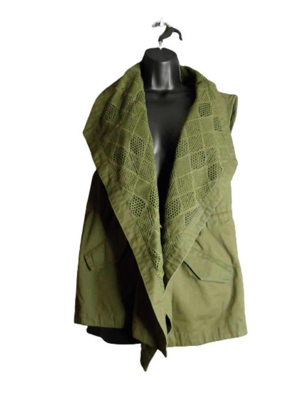 Blu Pepper Army Green Crochet Collar Tie Waist Vest Womens Size Medium Layering